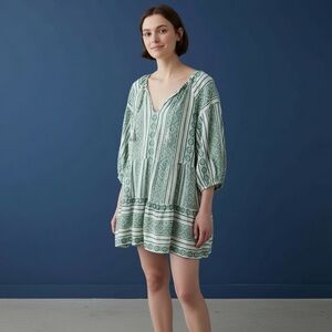 Boo Gemes Taylor Dress Green Jacquard Print Tiered V Neck Tunic XS